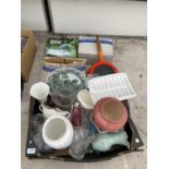 AN ASSORTMENT OF ITEMS TO INCLUDE GLASS WARE, CERAMICS AND A LE CREUSET PAN ETC