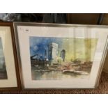 A FRAMED AND MOUNTED SIGNED WATERCOLOUR OF A DOCK CITY SCENE W: 64CM