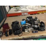 A QUANTITY OF CAMERAS, ETC TO INCLUDE PRAKTICA, CANON AV-1, PENTAX ESPIO 738, BINOCULARS, ETC