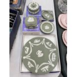 FIVE PIECES OF GREEN COLLECTABLE WEDGWOOD JASPERWARE FOUR OF WHICH ARE BOXED