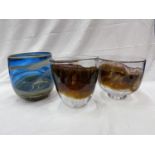 THREE LARGE 'THE MELTING POT' STUDIO GLASSWARE UK VASES SIGNED ROBIN SMITH ALL APPROX 23CM TALL