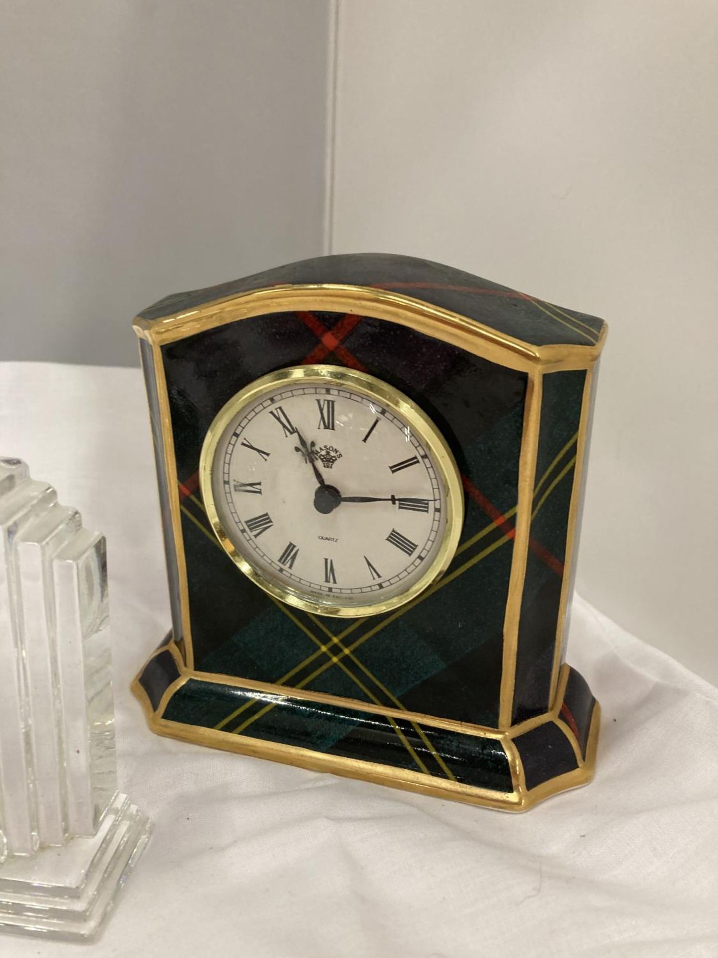 FOUR SMALL MANTLE CLOCKS TO INCLUDE A TARTAN MASONS BY WEDGWOOD AND THREE WATERFORD CRYSTAL ONES - Image 5 of 5