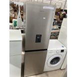 A SILVER HISENSE UPRIGHT FRIDGE FREEZER WITH WATER DISPENSER