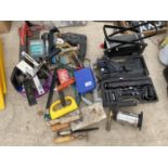 AN ASSORTMENT OF TOOLS TO INCLUDE A BLACK AND DECKER DRILL, A HACKSAW AND A BLOW TORCH ETC