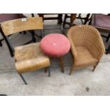 A CHILDS WICKER CHAIR, CHILDS BENTWOOD CHAIR AND PINE STOOL