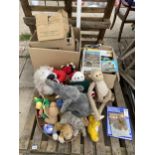 AN ASSORTMENT OF HOUSEHOLD CLEARANCE ITEMS TO INCLUDE BOOKS AND TEDDIES ETC