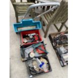 AN ASSORTMENT OF ITEMS TO INCLUDE TOOLS, HARDWARE AND A GARDEN SEEDER ETC