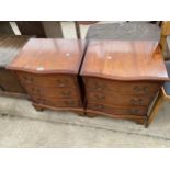 A PAIR OF SERPENTINE FRONTED MINIATURE CHEST OF THREE DRAWERS, 19.5" WIDE EACH