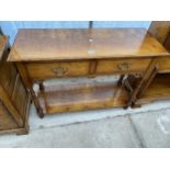 A GEORGE III STYLE LIGHT OAK SIDE-TABLE WITH TWO DRAWERS ON OPEN BASE, 36" WIDE, ON TURNED LEGS