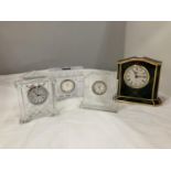 FOUR SMALL MANTLE CLOCKS TO INCLUDE A TARTAN MASONS BY WEDGWOOD AND THREE WATERFORD CRYSTAL ONES