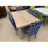 MODERN OAK EXTENDING DINING TABLE, 63X35.5" (TWO LEAVES 14" EACH) ON PAINTED BASE AND SIX