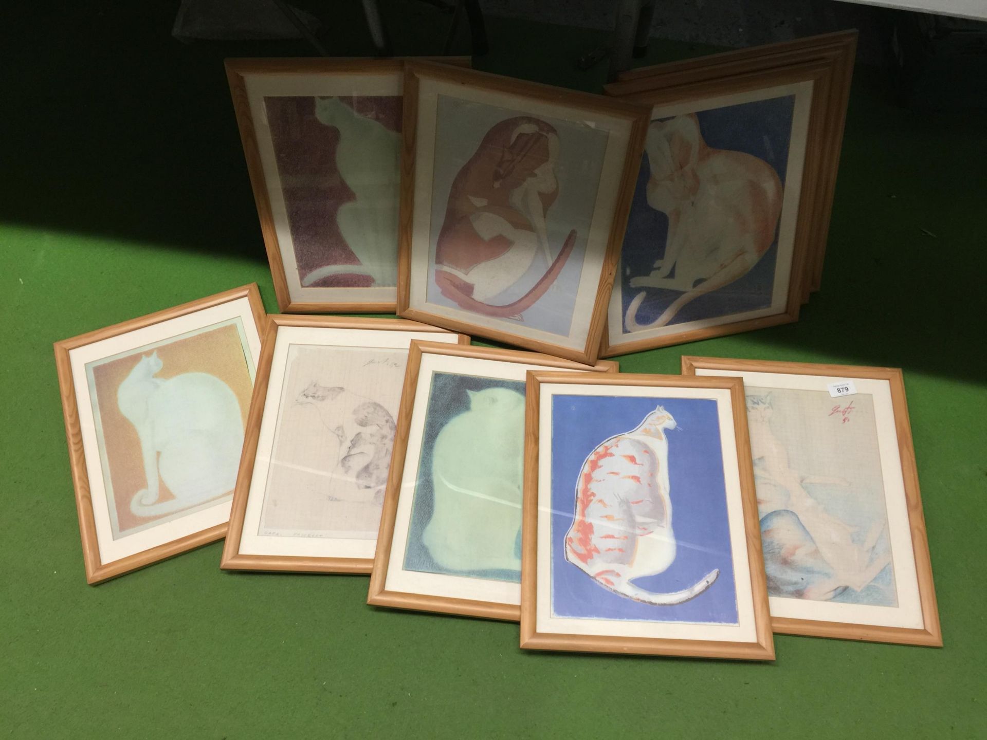 TEN VARIOUS PINE FRAMED CAT PRINTS