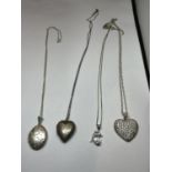 FOUR SILVER NECKLACES WITH PENDANTS TO INCLUDE LOCKETS, HEARTS, DOLPHIN ETC