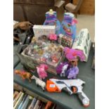 AN ASSORTMENT OF CHILDRENS TOYS TO INCLUDE FIGURES, A NERF GUN AND HARRY POTTER ETC