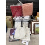 AN ASSORTMENT OF NEW BEDDING AND CURTAINS ETC