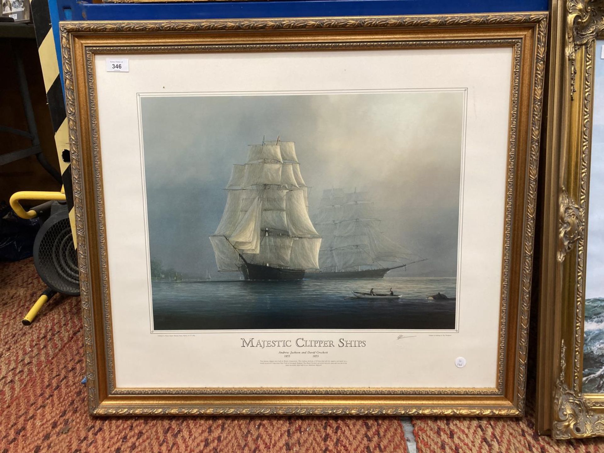 A LARGE GILT FRAMED PRINT OF TWO CLIPPER SHIPS DAVID CROCKET 1853 AND ANDREW JACKSON 1855 BY TIM