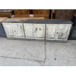 A LARGE VICTORIAN PINE KITCHEN SIX DOOR SIDEBOARD, 115" WIDE, 22.5" DEEP, 35.5" HIGH