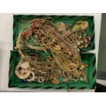A BOX OF YELLOW COSTUME JEWELLERY INCLUDING NECKLACES, BRACELETS, EARRINGS, ETC