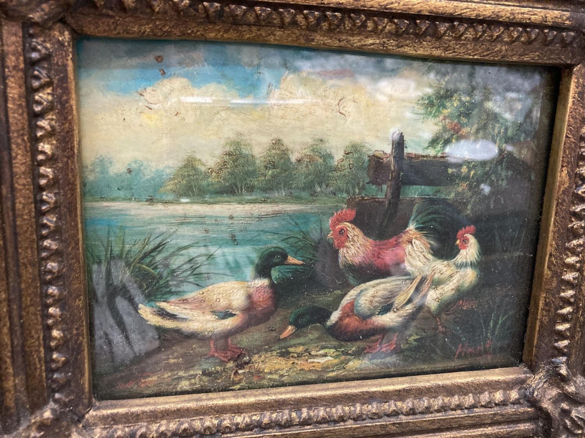 AN OLEOGRAPH IN ORNATE FRAME DEPICTING DUCKS AND CHICKENS SIGNED BY EDGAR HUNT 1876 - 1953 - Image 2 of 4