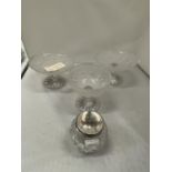 FOUR ITEMS OF PERCIVAL VICKERS GLASSWARE TO INCLUDE A HALLMARKED BIRMINGHAM SILVER LIDDED POT AND