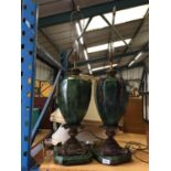 A PAIR OF LARGE TABLE LAMPS, GREEN WITH GILT DECORATION - A/F, TO INCLUDE SHADES HEIGHT TO THE TOP
