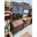 AN EARLY 20TH CENTURY BUREAU BOOKCASE WITH GLAZED AND LEADED UPPER PORTION, FITTED INTERIOR AND
