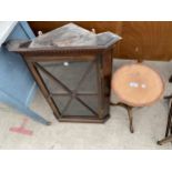 A MAHOGANY TRIPOD WINE TABLE AND GLASS FRONTED CORNER CUPBOARD