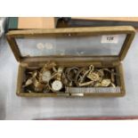 A VICTORIAN DISPLAY BOX CONTAINING A NUMBER OF WRISTWATCHES INCLUDING SEKONDA, TIMEX, TISSOT, ETC