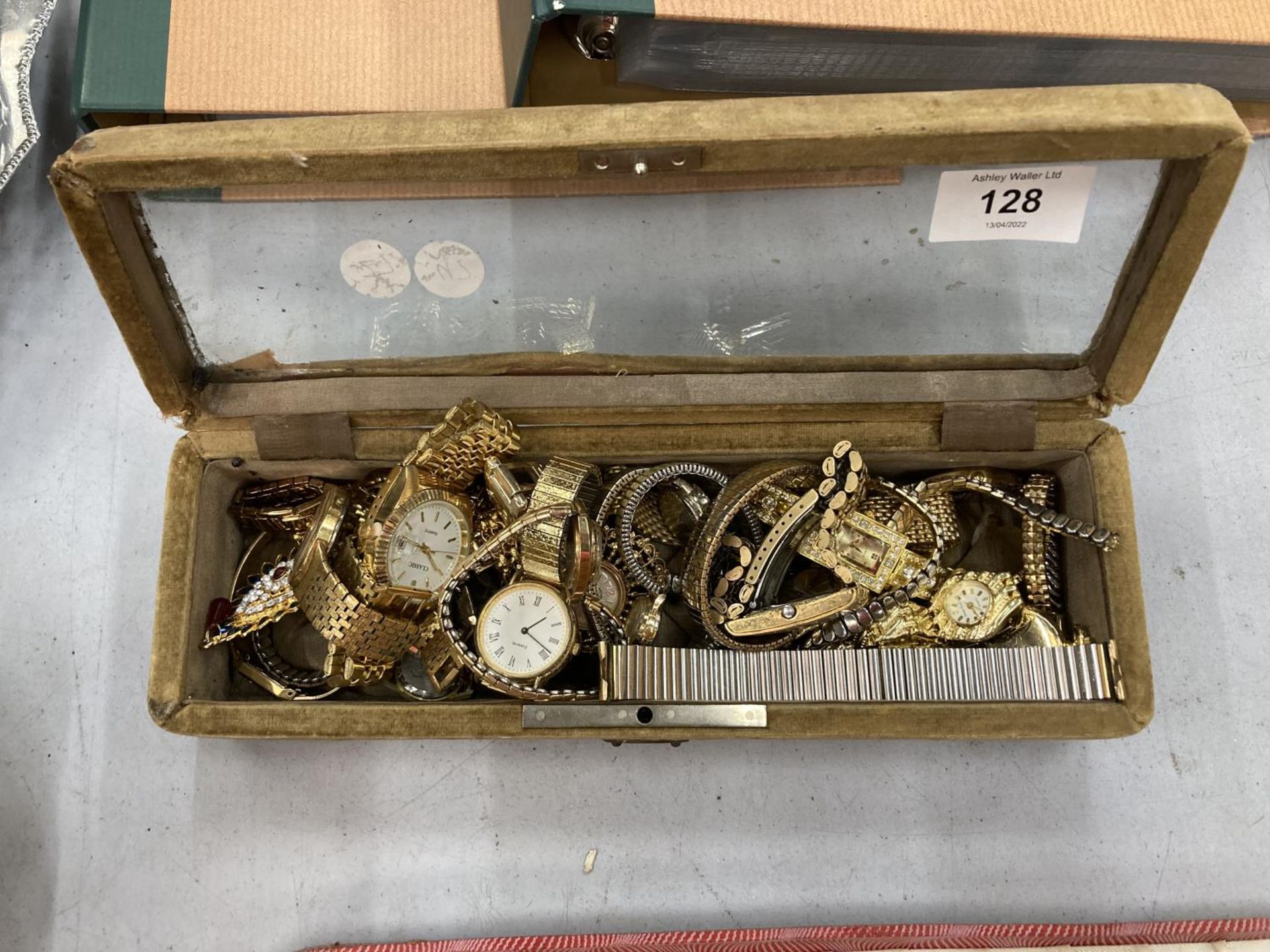 A VICTORIAN DISPLAY BOX CONTAINING A NUMBER OF WRISTWATCHES INCLUDING SEKONDA, TIMEX, TISSOT, ETC