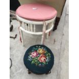 A MDOERN DRESSING STOOL WITH CANE SEAT AND SMALL STOOL WITH WOOLWORK TOP