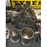 A COLLECTION OF LARGE AND SMALL PEWTER TANKARDS (9), A FEW BEARING INSCRIPTIONS OR INITIALS