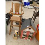 A SMALL WOODEN DOLLS HOUSE AND A DOLLS HIGH CHAIR