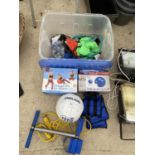 AN ASSORTMENT OF ITEMS TO INCLUDE EXERCISE BALLS, A FOOTBALL AND A SKIPPING ROPE ETC