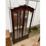 A VICTORIAN STYLE HARDWOOD TALL DISPLAY CABINET WITH TWO DRAWERS TO THE BASE, 42" WIDE