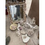 AN ASSORTMENT OF SEA CORAL AND SEA SHELLS TO INCLUDE A SHELL FRAMED MIRROR
