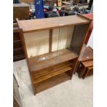 A RETRO TEAK OPEN BOOKCASE 30" WIDE WITH GLASS SLIDING DOORS TO UPPER SECTION