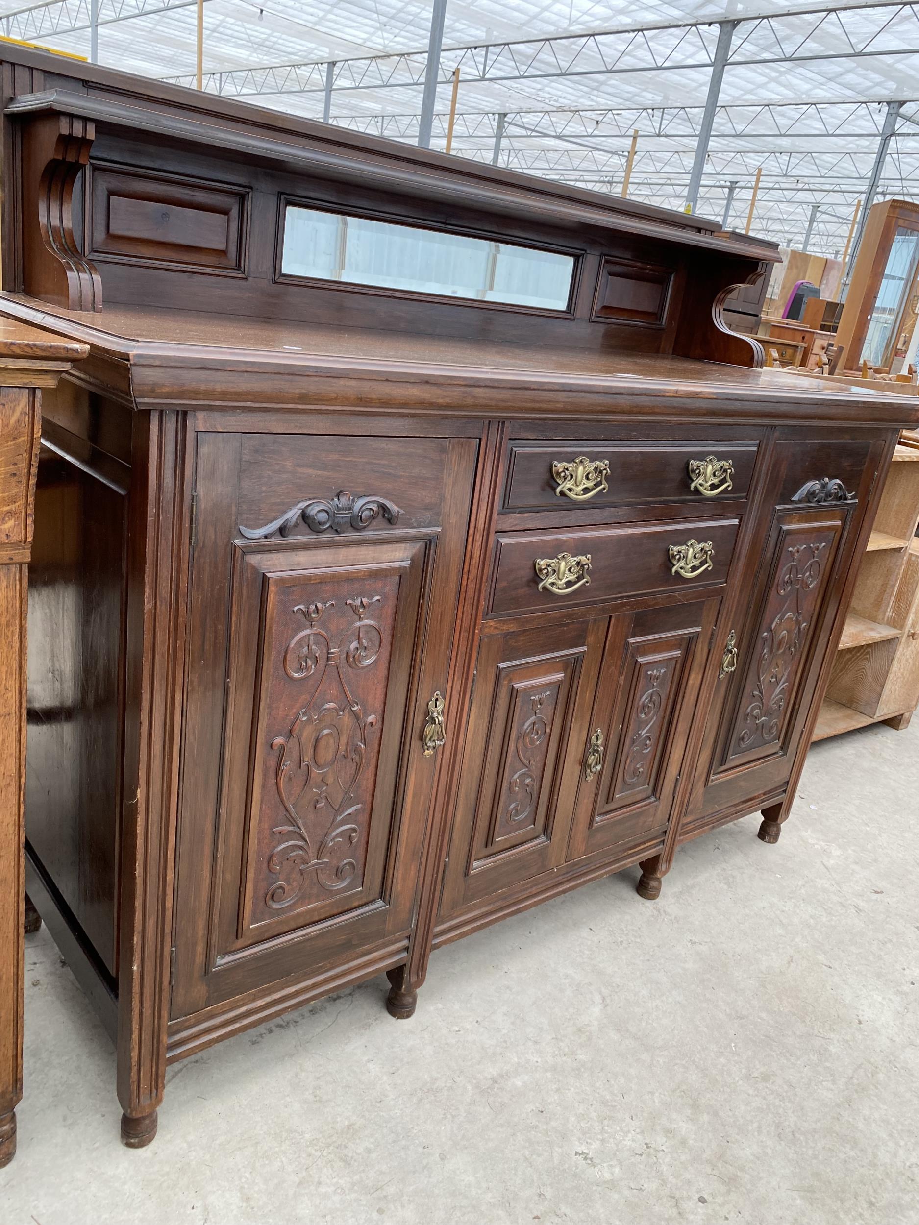 A LATE VICTORIAN SIDEBOARD WITH RAISED BACK, WITH TWO DRAWERS AND FOUR CUPBOARDS TO THE BASE, 59" - Image 2 of 7