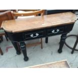 A BLACK PAINTED VICTORIAN STYLE CONSOLE TABLE, 42" WIDE