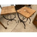 A PAIR OF MODERN PINE LAMP TABLES ON CAST IRON X-FRAME BASES, 14" SQUARE