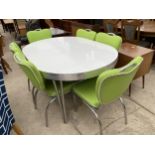 A RETRO WHITE FORMICA TOP DINING TABLE WITH D-ENDS, ON CHROME BASE AND RIM WITH SIX LIME GREEN