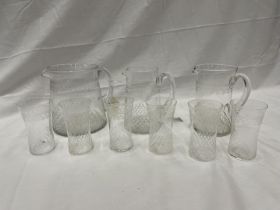 THREE EDWARDIAN ENGRAVED PALL MALL JUGS TO INCLUDE A WATER JUG