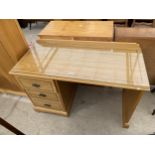 A MODERN OAK AND INLAID SINGLE PEDESTAL DESK, 47" WIDE