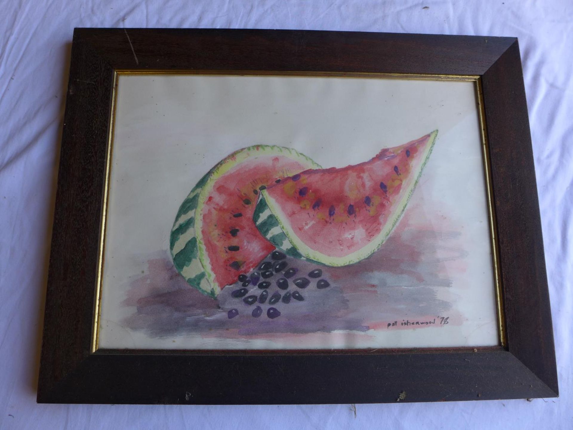 PAT ISHERWOOD, WATERCOLOUR OF FRUIT, SIGNED AND DATED 78, 34X47CM, FRAMED AND GLAZED, FROM THE
