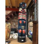 A LARGE CARVED TIKI TOTEM POLE 97CM TALL