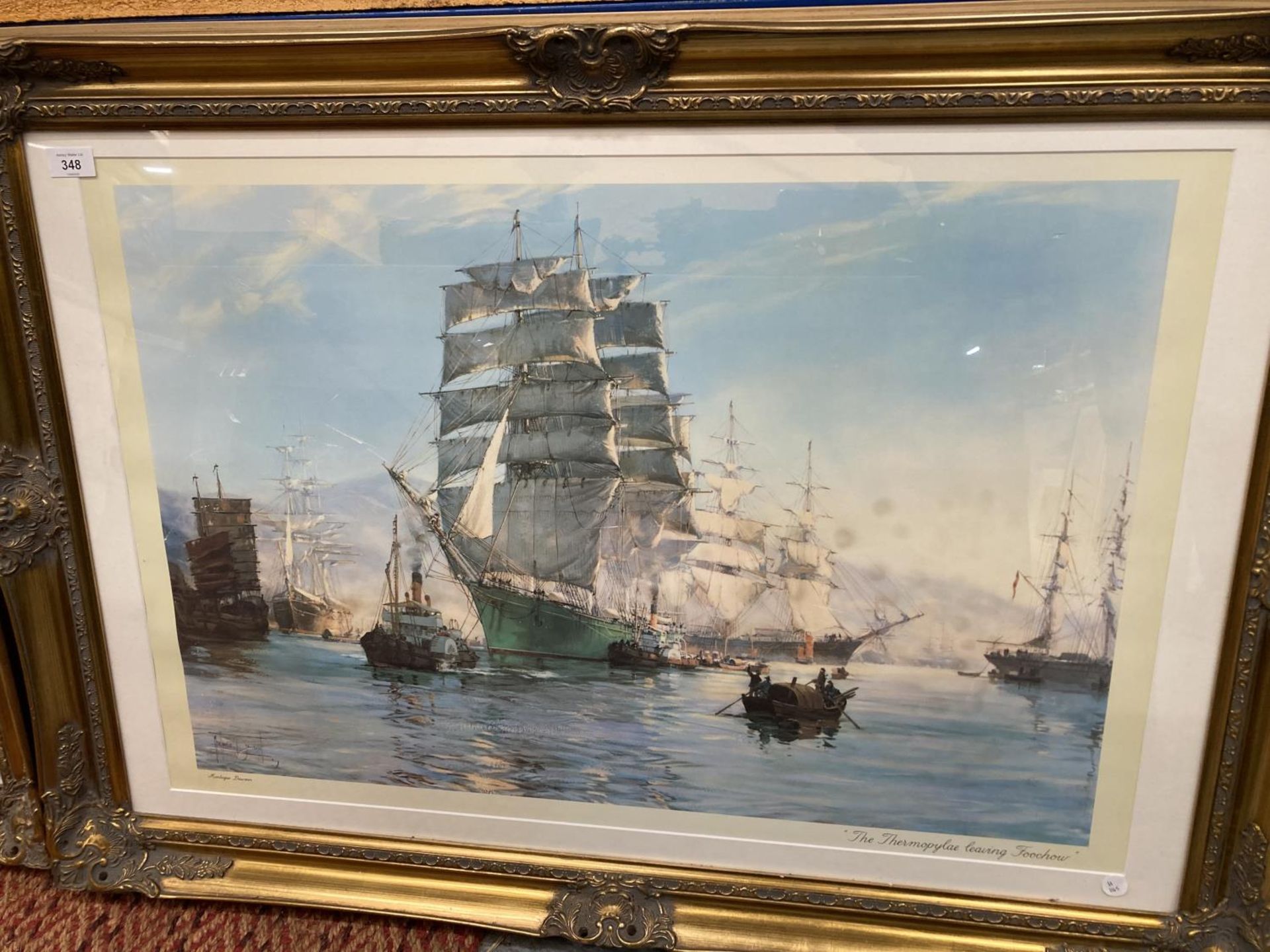 A LARGE ORNATE EMBOSSED GILT FRAMED PRINT OF THE THERMOPYLAE LEAVING FOOCHOW BY MONTAGUE DAWSON W: - Image 2 of 6