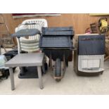 AN ASSORTMENT OF ITEMS TO INCLUDE A GAS HEATER, A WHEEL BARROW AND SHELVING UNITS ETC