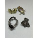FOUR SILVER BROOCHES TO INCLUDE AN OWL, A BUTTERFLY AND A TEDDY BEAR