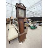 AN 18TH CENTURY OAK LONGCASE CLOCK BY FEARNLY, WIGAN, WITH SQUARE BRASS DIAL