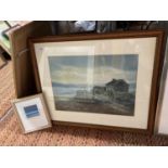 A LARGE FRAMED PRINT OF A HILLSIDE FARM AT DUSK W: 65CM AND A SMALL LIMITED EDITION FRAMED PRINT