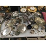 A LARGE QUANTITY OF SILVER PLATE INCLUDING CAKE STANDS, TEAPOTS, CRUET SET, TO INCLUDE SOME